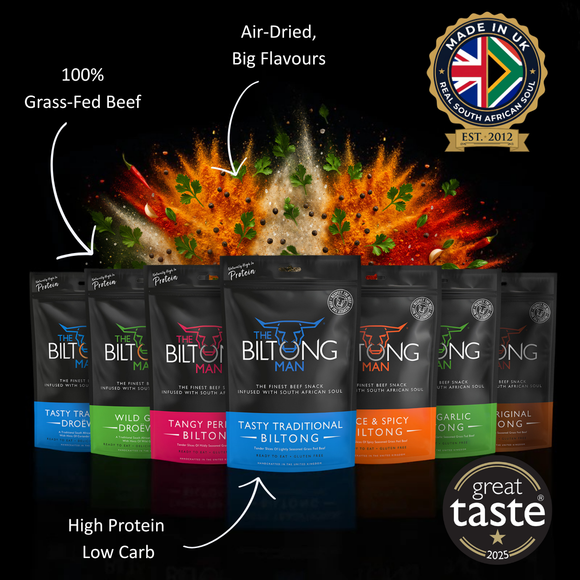 Authentic Biltong, Droëwors, Jerky and Chilli Bites The Biltong Man 100% grass fed beef made in the UK